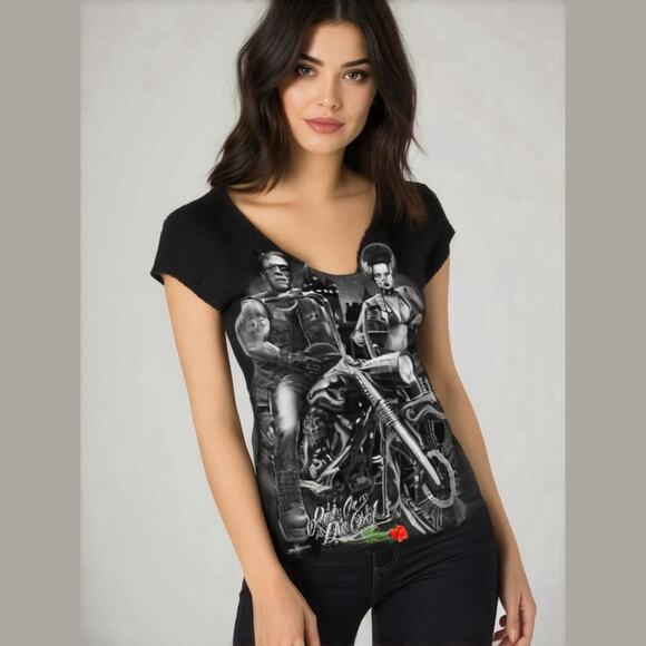 Biker Graphic Tee Frankenstein Bride Gothic Streetwear Black T-Shirt L - Picture 7 of 7